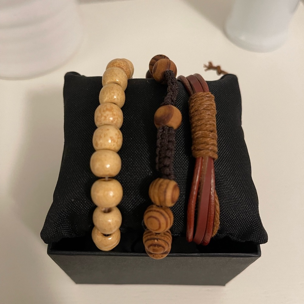 Men's Natural Wood Bead Bracelet Set 3 piece